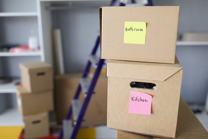 The boxes have kitchen and bathroom stickers