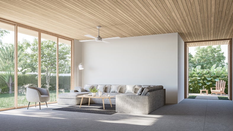 Modern contemporary loft living room with open door to garden 3d render