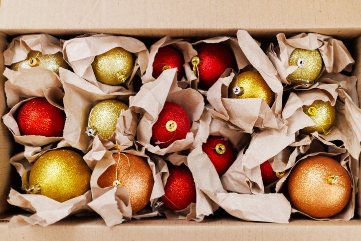 Box of packed Christmas ornaments for decoration.